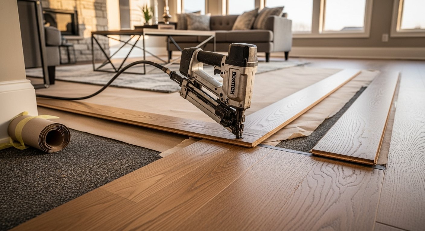 Detail view of a hardwood flooring installation job finished in East Gwillimbury — expert craftsmanship