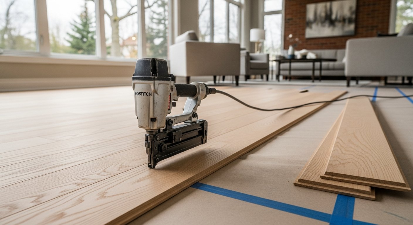 On-site hardwood flooring installation install detail at a Pickering property