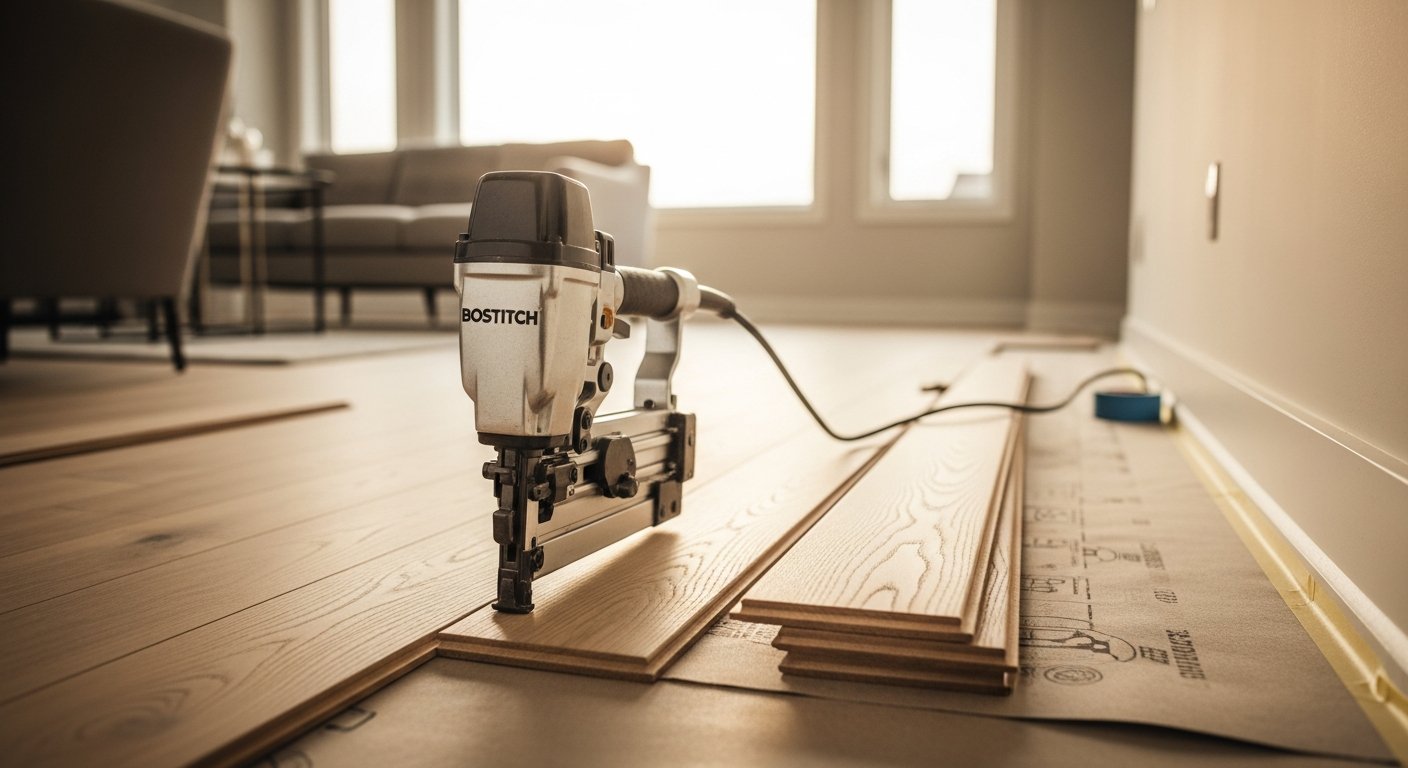 On-site hardwood flooring installation install detail at a Vaughan property