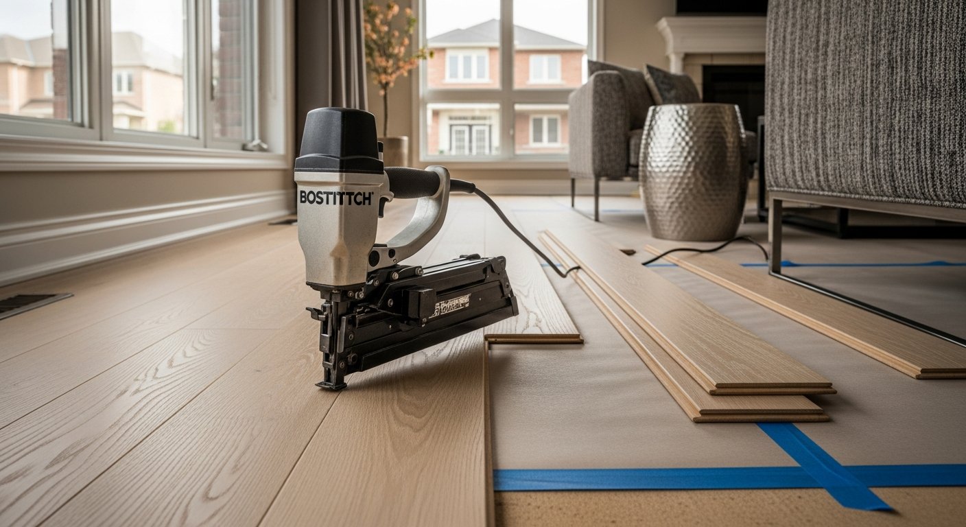 Recently completed hardwood flooring installation renovation in a Whitby home