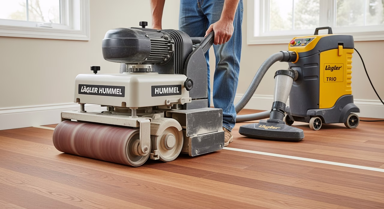Toronto hardwood refinisher operating Lagler Hummel drum sander with HEPA-filtered Lagler Trio dust-containment on 3/4-inch solid red oak floor mid-pass between 60 and 80 grit, freshly-sanded raw wood showing