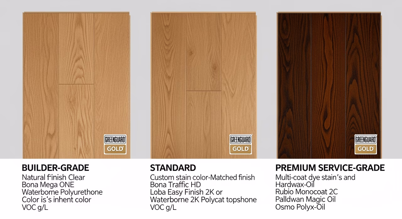 Three Toronto hardwood refinishing tiers compared: sand-and-3-coat-clear waterborne (Bona Mega ONE), standard sand-stain-3-coat with custom stain match and waterborne 2K (Bona Traffic HD, Loba Easy Finish 2K, Pallmann Pall-X 96), premium multi-coat dye stain or hardwax-oil (Rubio Monocoat 2C, Pallmann Magic Oil, Osmo Polyx-Oil)