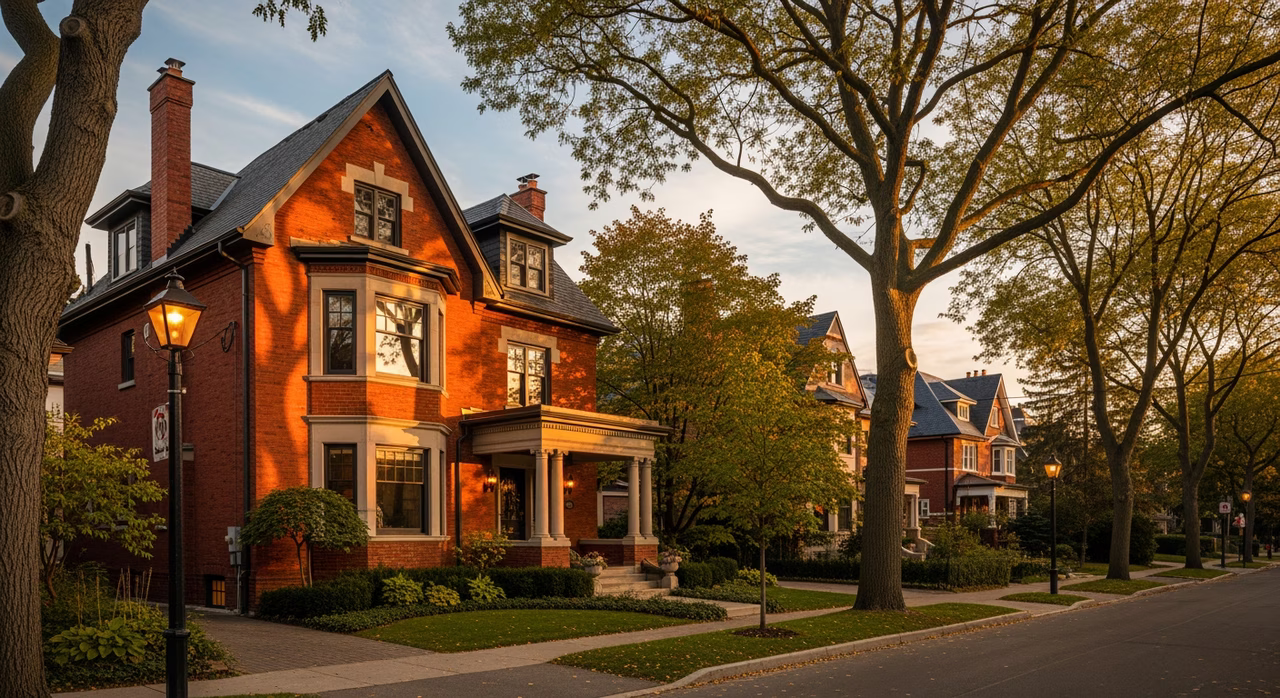 Toronto Rosedale 1910s detached red-brick Edwardian home at golden hour with mature trees and gas-lamp posts where preserving original quarter-sawn white-oak floor through refinish runs $4-$10 per square foot