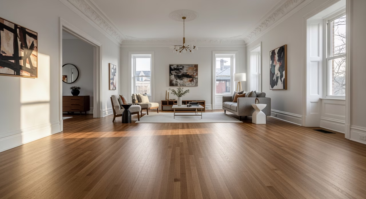 Completed Toronto refinished great-room with original 3-inch solid white-oak strip floor in contemporary medium-walnut stain (Bona DriFast) and 3-coat satin waterborne polyurethane (Bona Traffic HD), original crown moulding visible