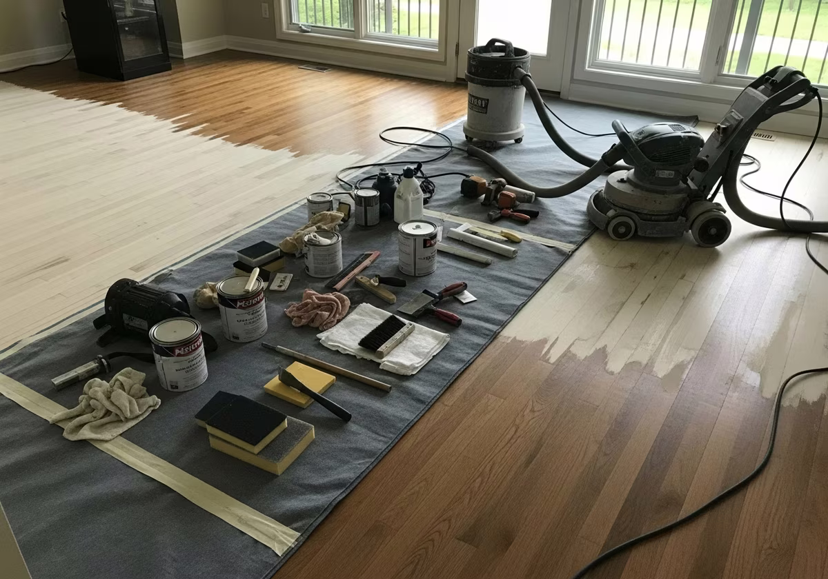 Hardwood Floor Refinishing Riverdale tools and materials staged in Toronto home