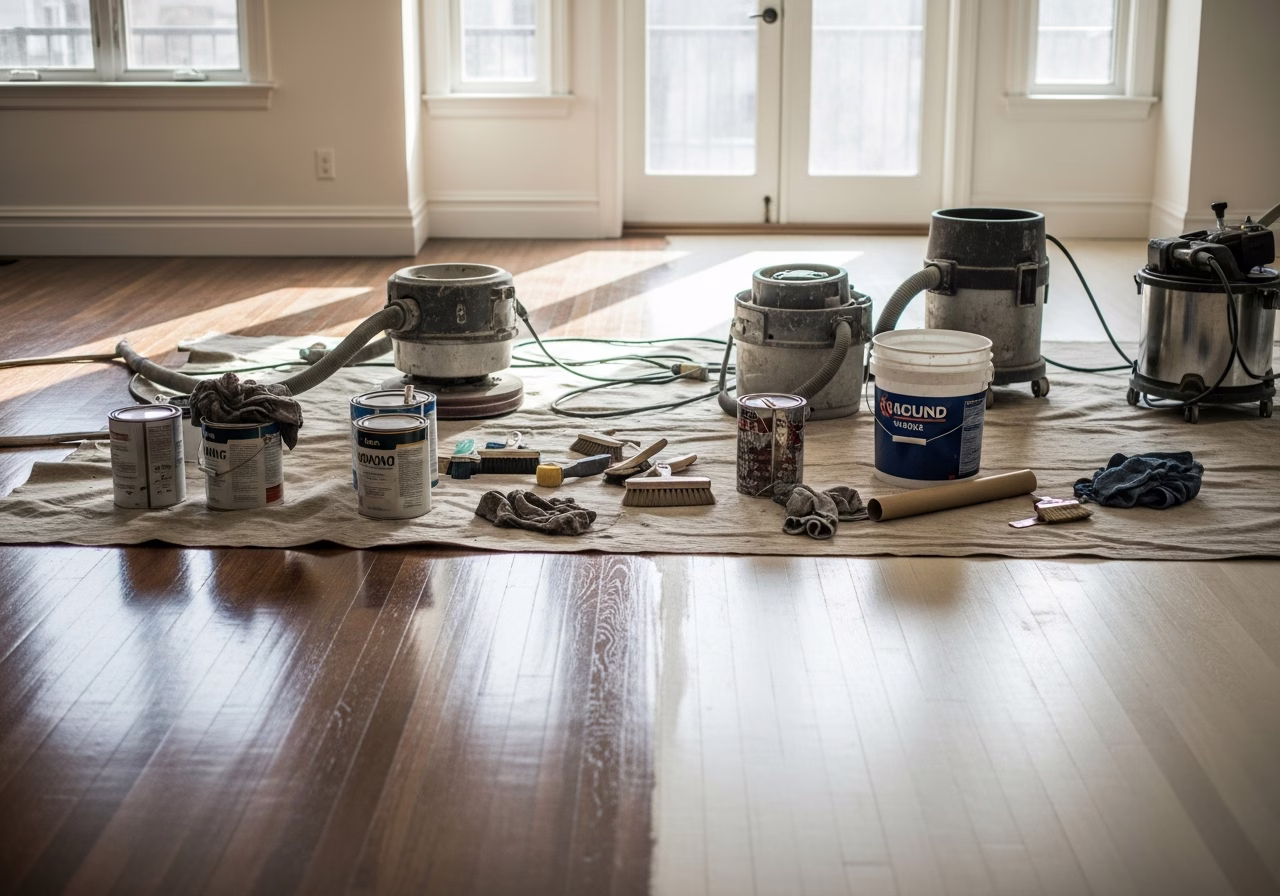 Hardwood Floor Refinishing Roncesvalles tools and materials staged in Toronto home