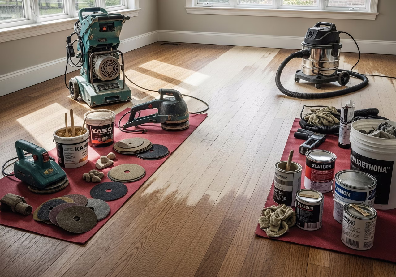 Hardwood Floor Refinishing Riverdale in progress: tools, materials, and protective floor covering staged for a Toronto floori