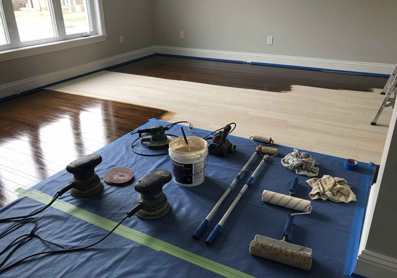 Hardwood Floor Refinishing Roncesvalles in progress: tools, materials, and protective floor covering staged for a Toronto flo