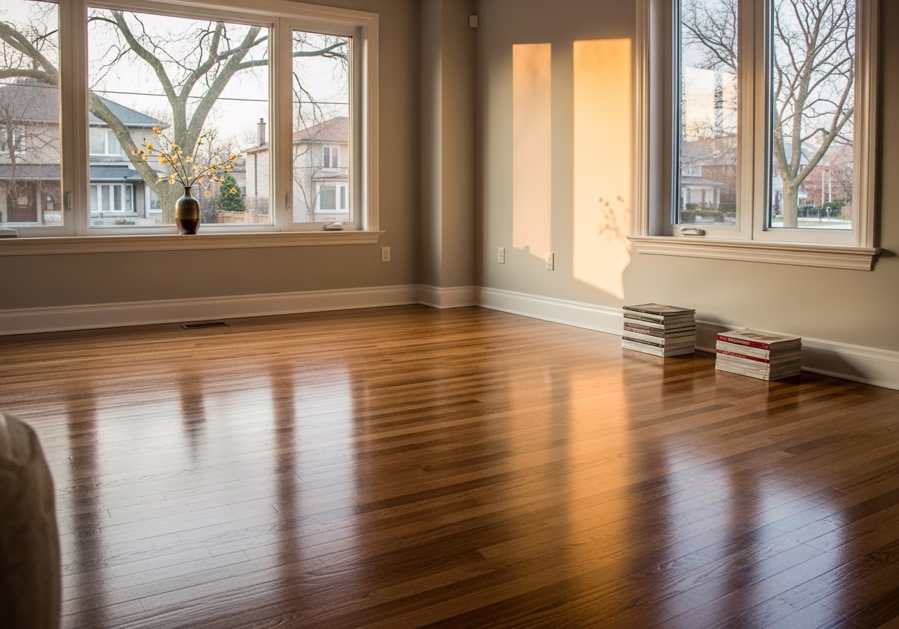 Finished hardwood floor refinishing roncesvalles result in a Toronto/GTA home, photographed in natural light