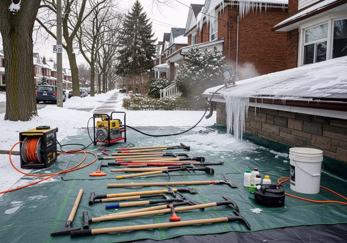 Ice Dam Removal tools and materials staged in Toronto home