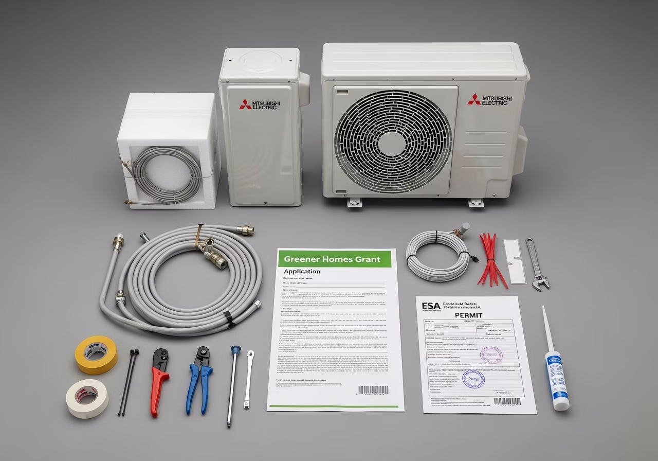 Heat pump install kit — Mitsubishi units, line-set, Greener Homes Grant form
