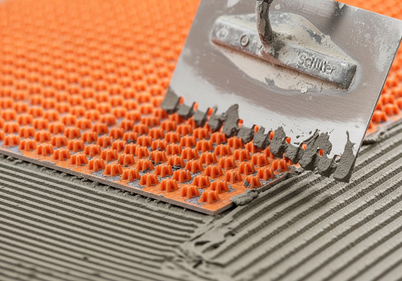 Installing Schluter DITRA-HEAT heated floor membrane over thinset mortar