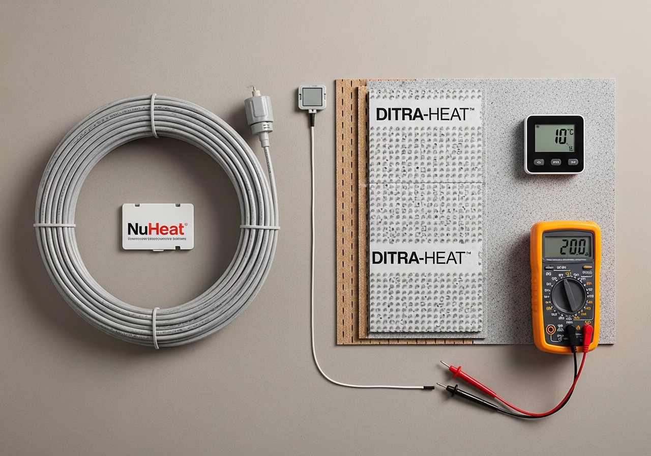 Heated floor materials — NuHeat cable, DITRA membrane, thermostat, sensor