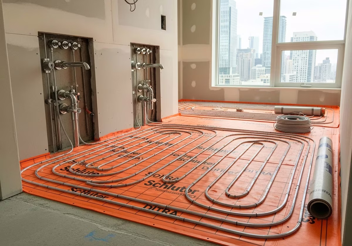 Toronto luxury bathroom heated floor cables installed in DITRA membrane