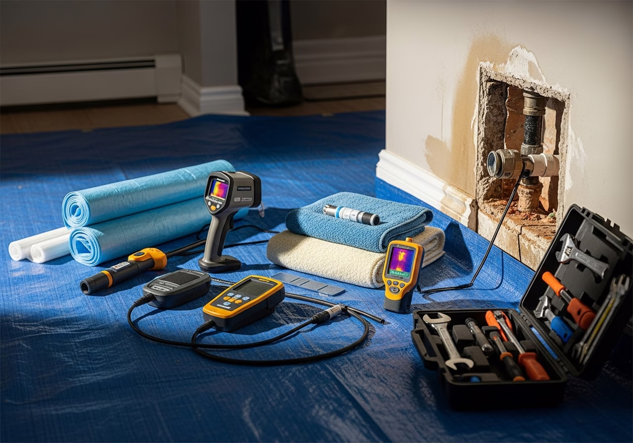 Hidden Water Leak Detection in progress: tools, materials, and protective floor covering staged for a Toronto home inspection