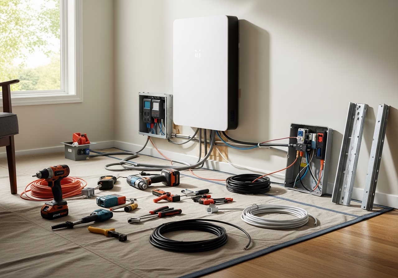 Home Battery & Powerwall in progress: tools, materials, and protective floor covering staged for a Toronto HVAC and energy re