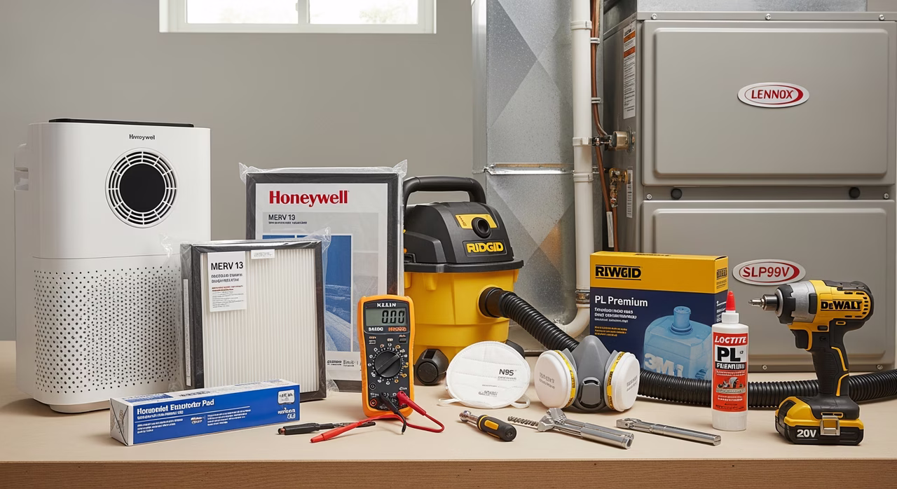 Toronto home-maintenance service kit on basement utility-room workbench next to Lennox SLP99V furnace with Honeywell HPA300 air purifier, MERV 11 filters, Klein multimeter, Ridgid wet-dry vac