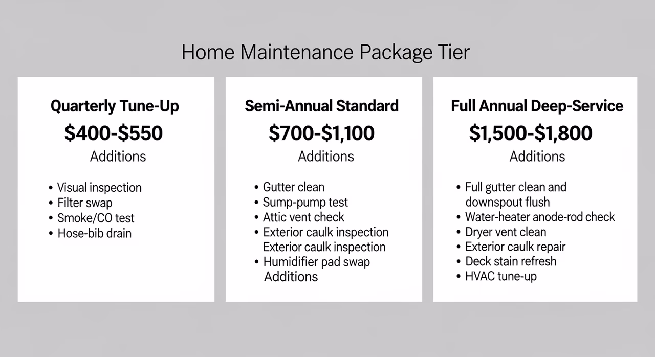 Three Toronto home-maintenance package tiers compared: quarterly tune-up 400-550, semi-annual standard 700-1100, full annual deep-service 1500-1800 on catalogue grey board