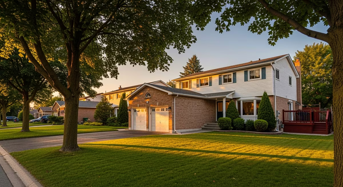 Toronto Mississauga 1990s detached two-storey home on family street with mature maple trees at golden hour where typical 1800-2200 sq ft homeowner schedules semi-annual 700-1100 visit