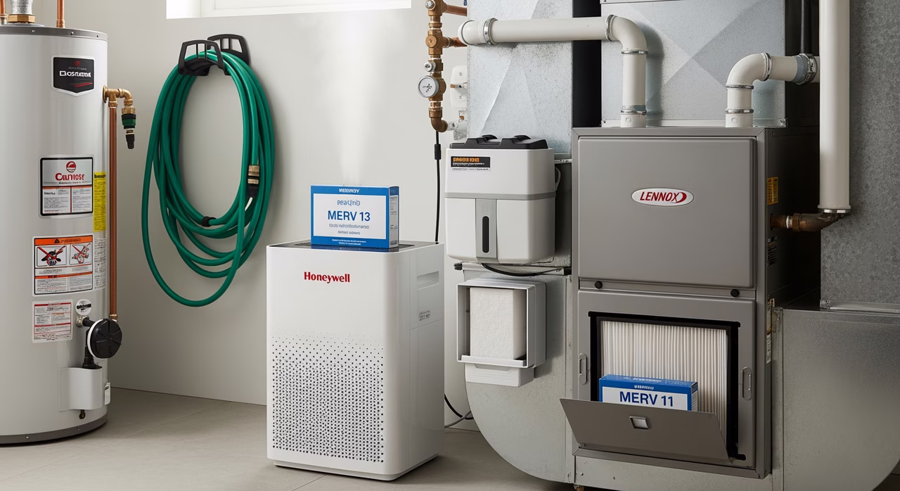 Completed Toronto Mississauga basement utility room after full home-maintenance deep-service showing fresh MERV 13 Honeywell filter, clean Lennox furnace cabinet with new MERV 11, fresh humidifier pad
