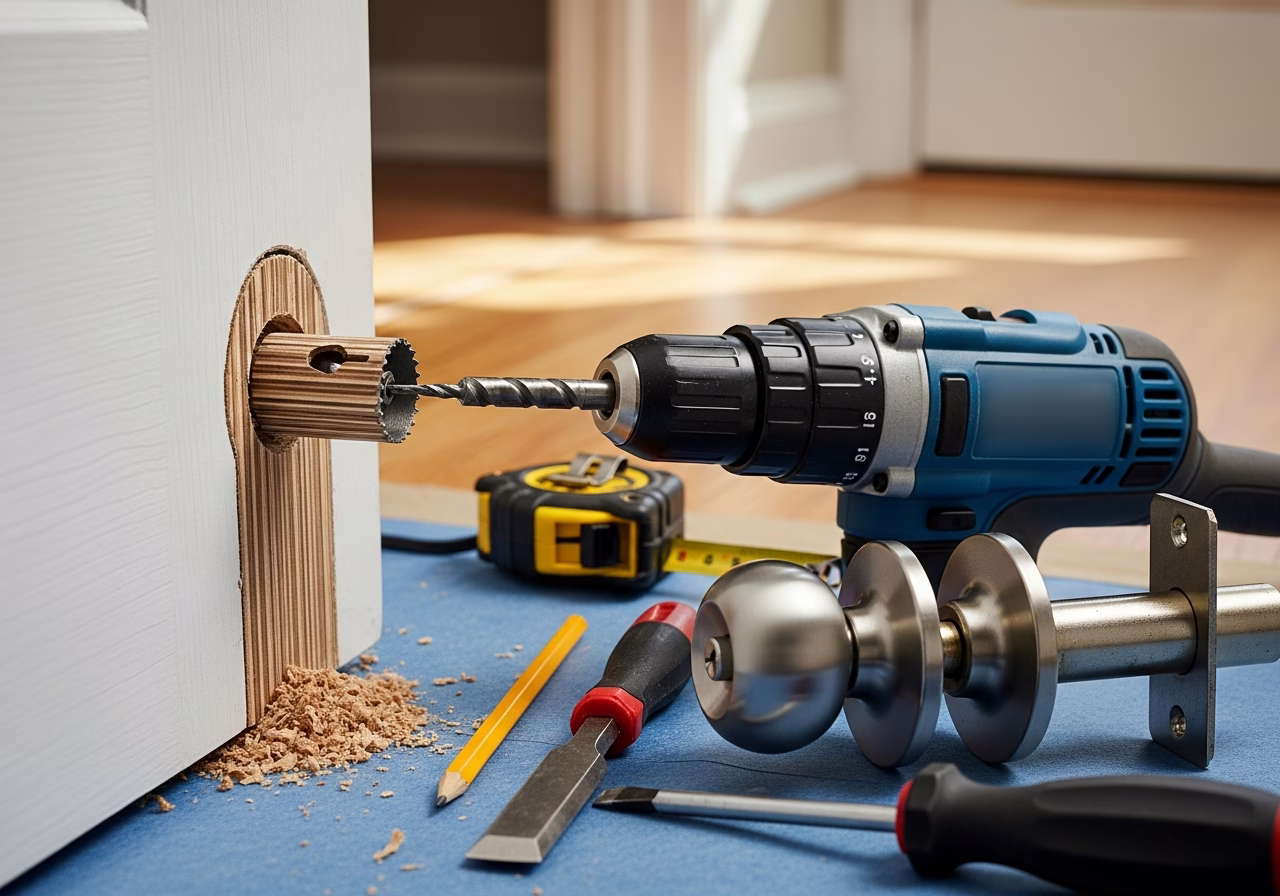 Doorknob Hole tools and materials staged in Toronto home