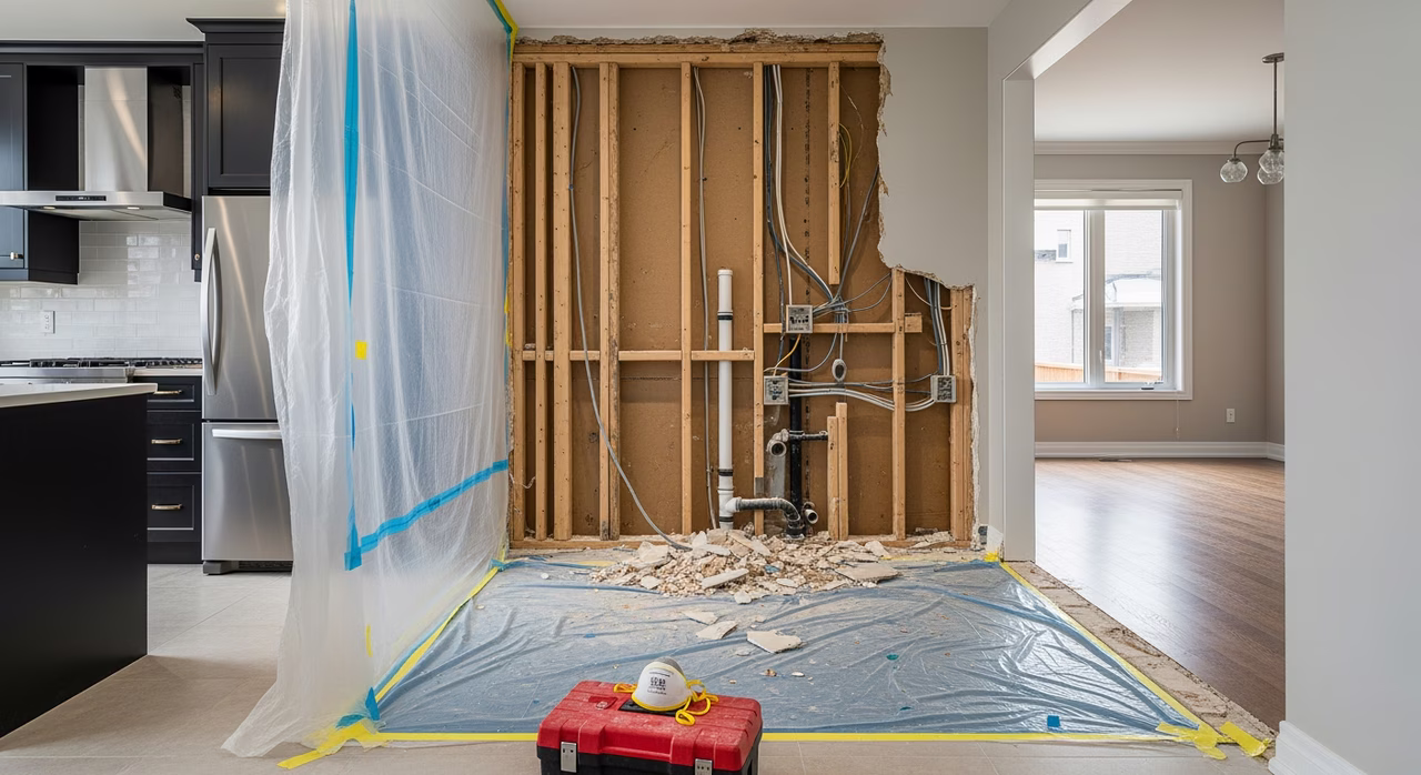 Toronto home-remodeling crew demolishing non-load-bearing wall between kitchen and dining room