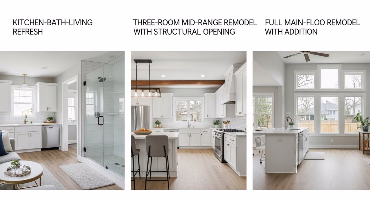 Three Toronto home remodel tiers compared: kitchen-bath-living refresh, three-room mid, full main-floor