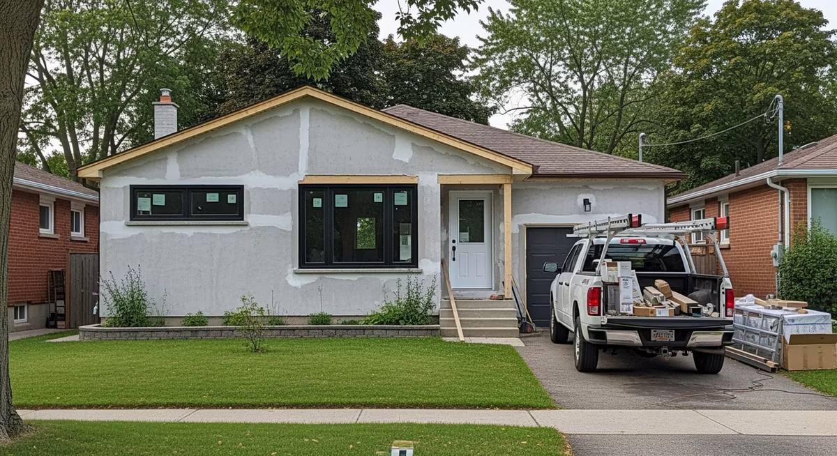 Toronto Etobicoke 1960s ranch bungalow mid-remodel with fresh stucco and new black-frame windows
