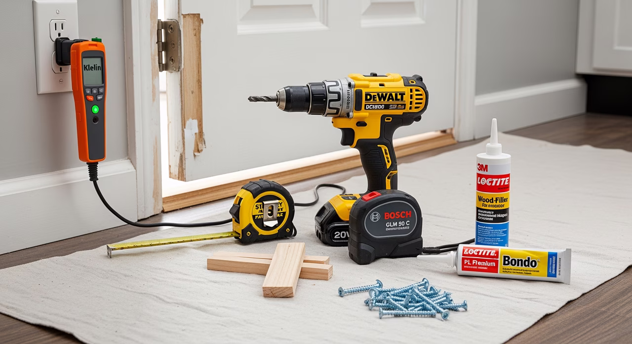 Toronto home-repair contractor with DeWalt cordless drill, Stanley FatMax tape, Bosch GLM laser measure, hot-dipped galvanized hinge screws, and 3M Bondo wood-filler on kitchen drop-cloth next to sagging door