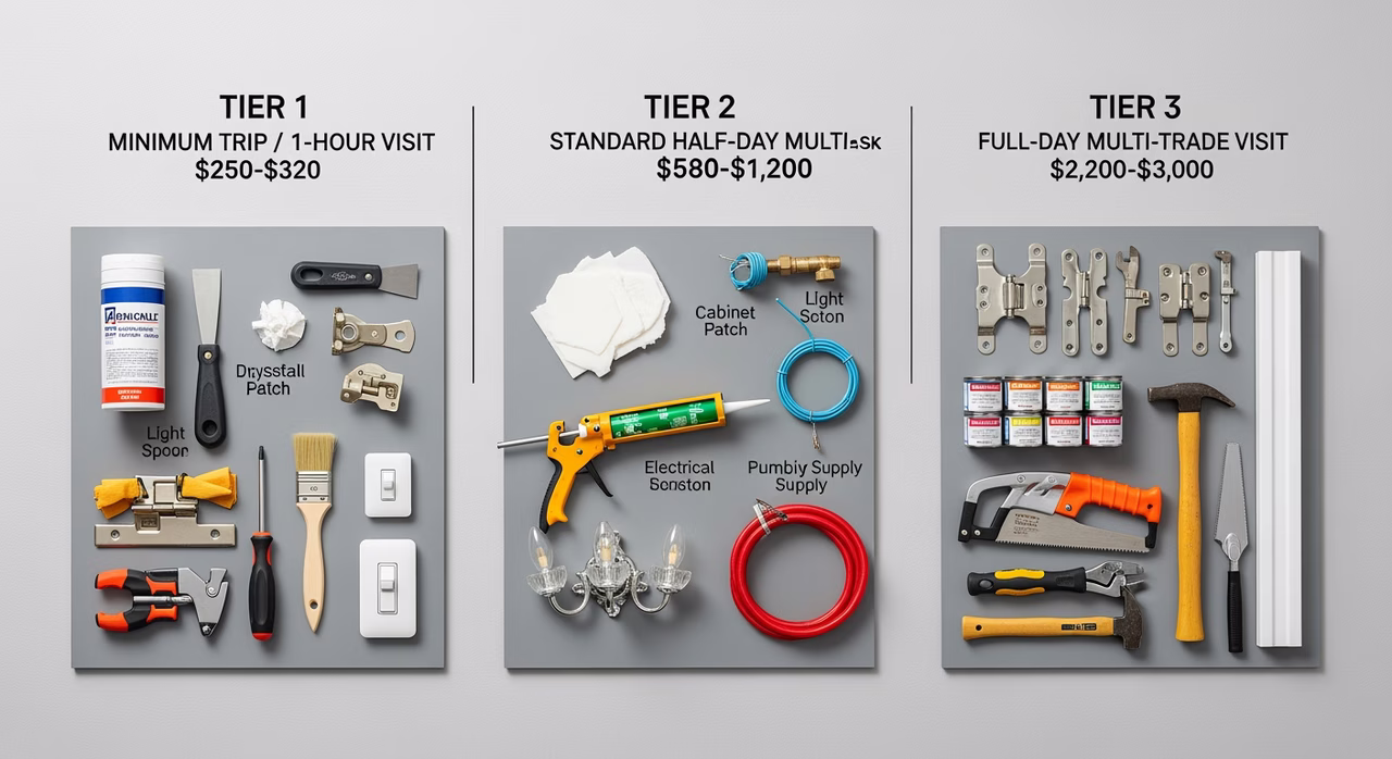 Three Toronto home-repair scope tiers compared: minimum trip 250-320, standard half-day 580-1200, full-day multi-trade 2200-3000 on catalogue grey board
