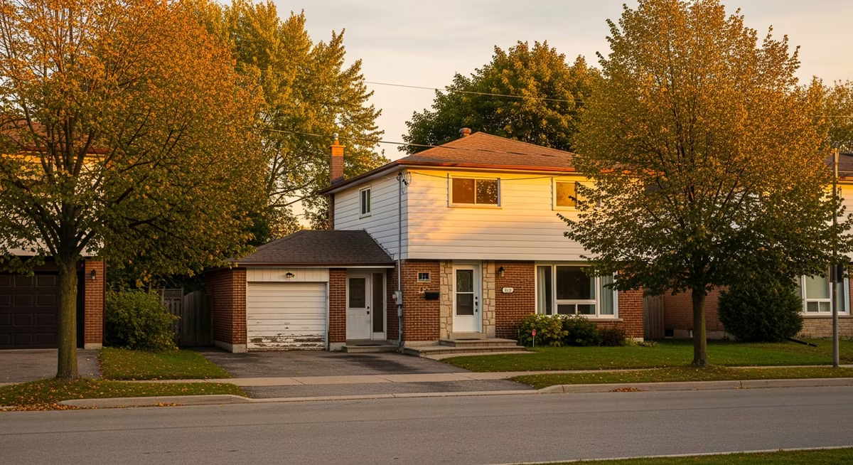 Toronto Scarborough 1970s detached two-storey home on family street with mature trees at golden hour where typical homeowner schedules half-day 580-1200 home-repair visit every 6 months