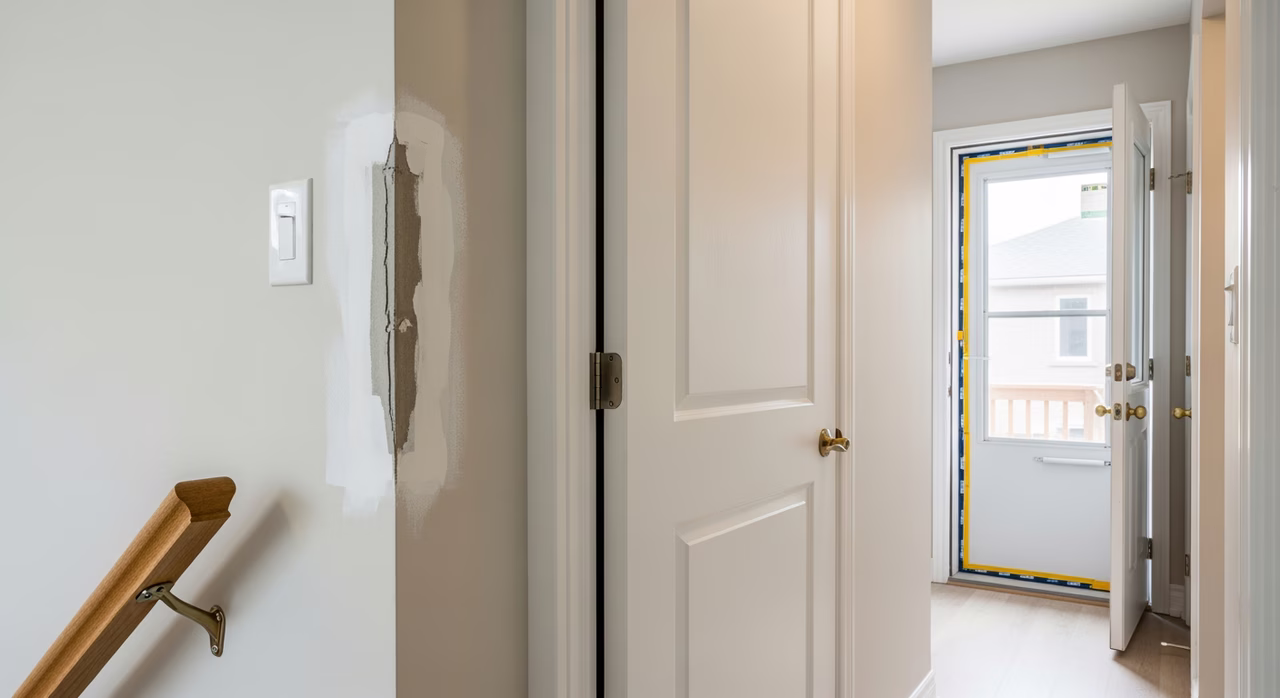Completed Toronto Scarborough interior hallway after half-day home-repair visit showing freshly re-hung solid-core door, repaired drywall patch with smooth corner, tightened stair-rail bracket