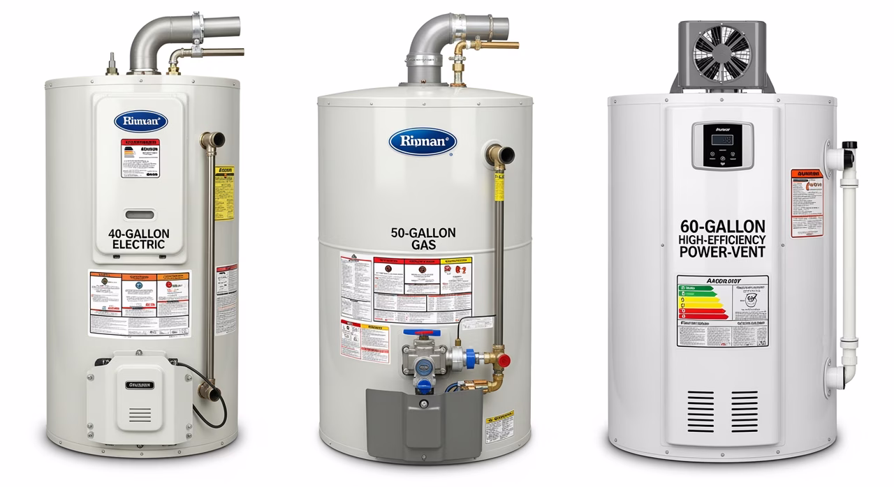 Bradford White, Rheem, and AO Smith gas water heater tanks compared side by side
