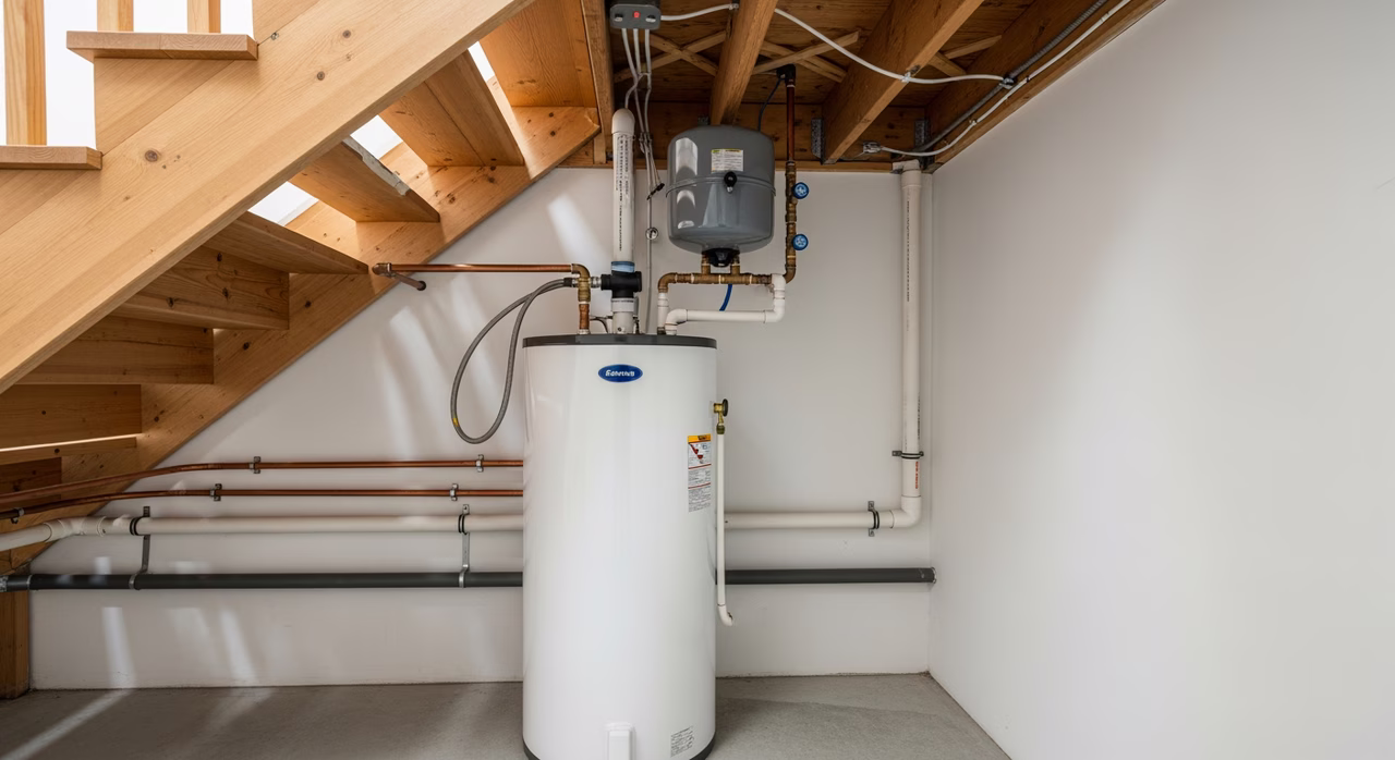 New gas water heater installed in Markham detached home utility room with PVC venting