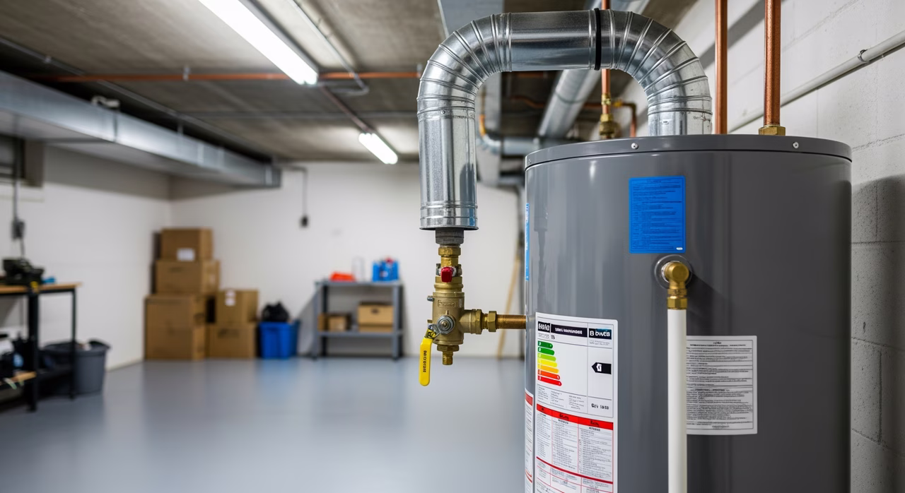 Close-up of TSSA G2-compliant gas connection and drip leg on water heater supply line
