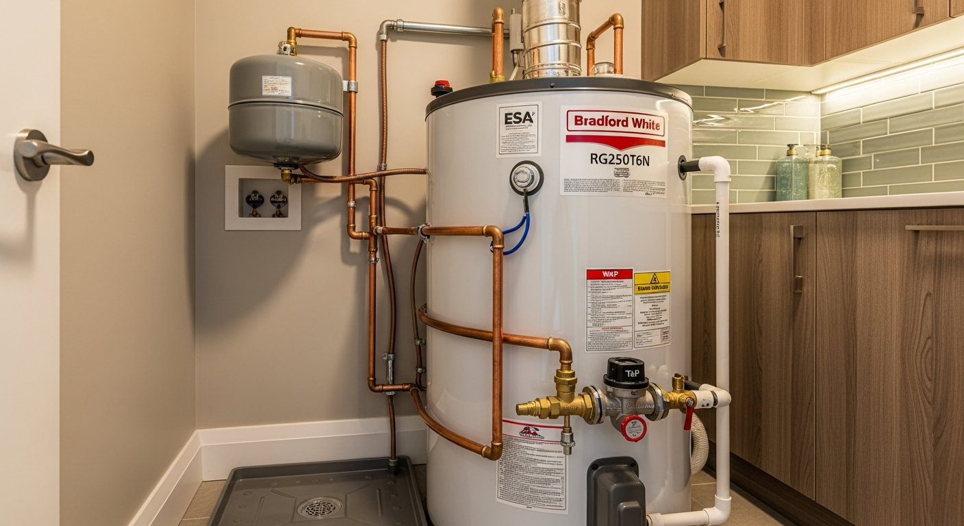 Editorial detail of a Milton hot water tank repair & replacement install — visible quality finish