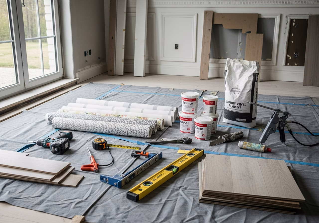 Tools and materials staged for hotel renovation in Toronto