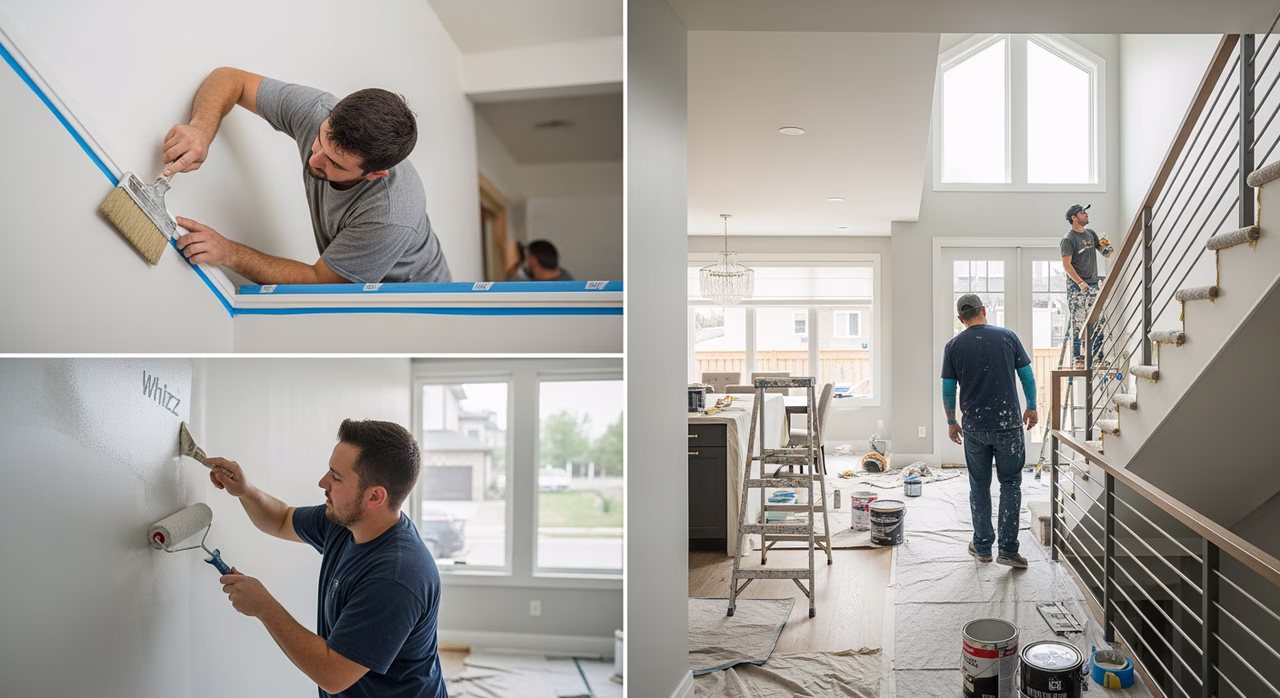 Toronto whole-house paint crew working through open-plan living-dining-kitchen, one cutting in to a vaulted ceiling edge with sash brush, second rolling with Whizz mini-roller, third masking stair railing with FrogTape
