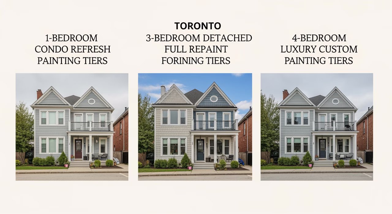 Three Toronto whole-house painting tiers compared: 1-bedroom condo refresh, 3-bedroom detached full repaint with two-coat walls trim and doors, 4-bedroom luxury custom with Farrow & Ball designer accent