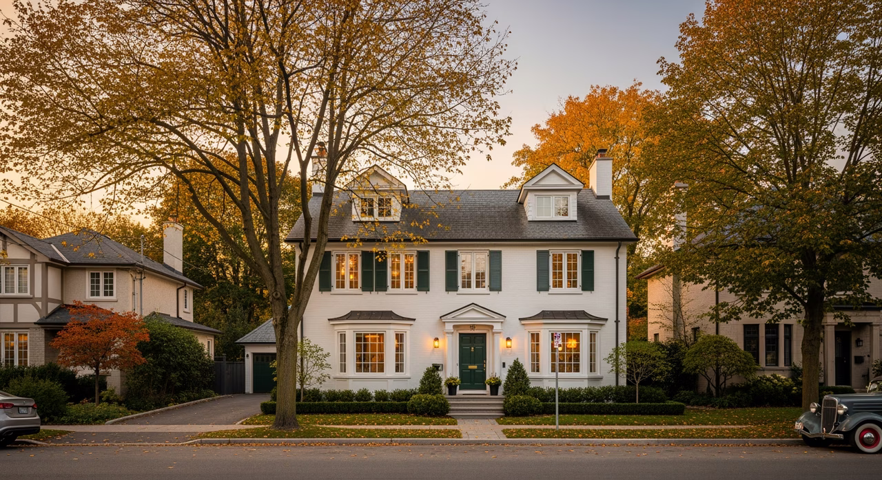 Toronto Forest Hill 1930s detached two-storey English-Cottage-style home at golden hour with mature trees, freshly-painted white trim and dark green shutters where whole-house repaints run $13K-$22K