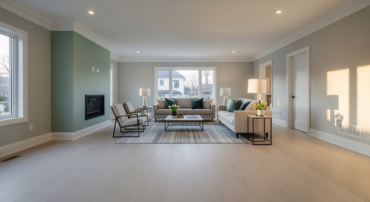 Completed Toronto whole-house repaint great room with Benjamin Moore Classic Gray walls, soft satin Advance White Dove trim and doors, sage-green accent wall, white-oak flooring