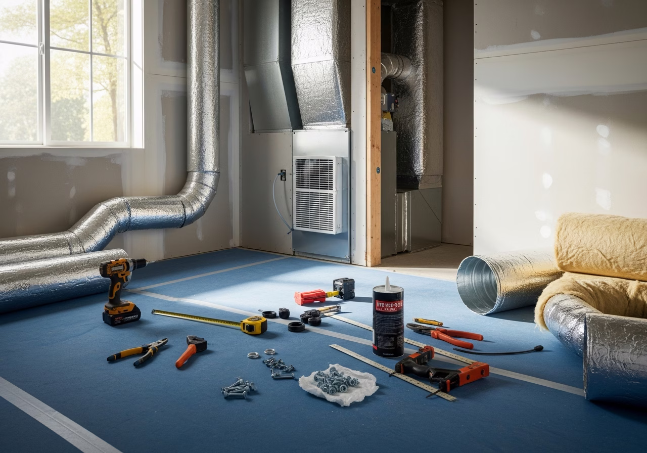 HRV / ERV Whole-Home Ventilation in progress: tools, materials, and protective floor covering staged for a Toronto HVAC and e