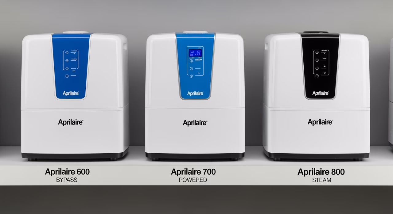 Aprilaire 600 bypass, Aprilaire 700 powered, and Aprilaire 800 steam humidifier models compared