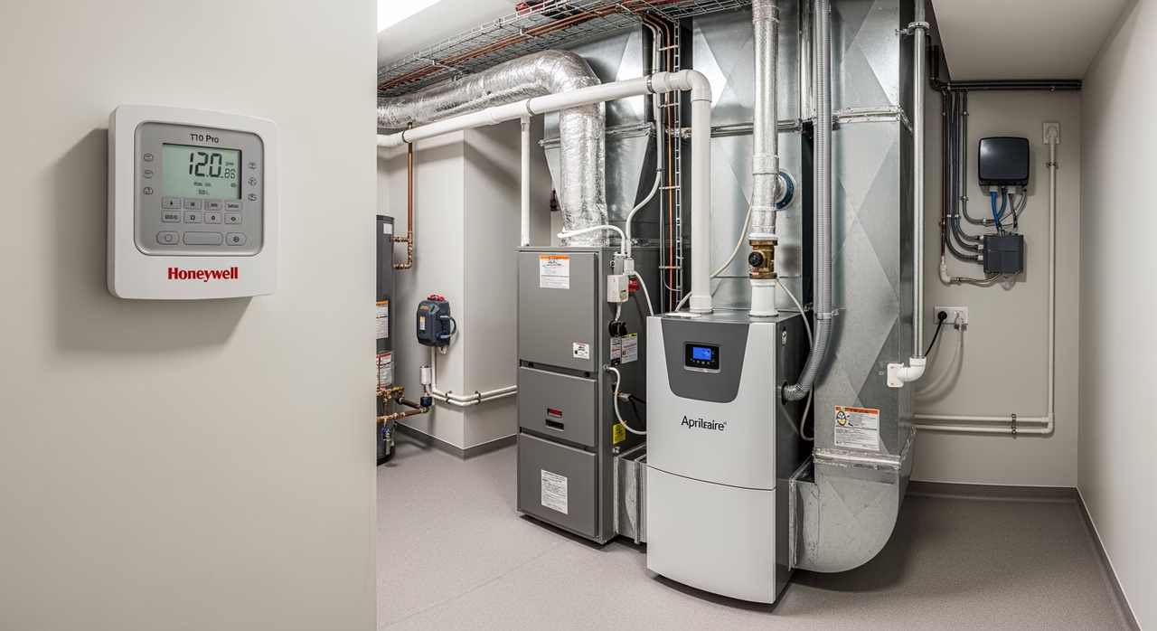 Aprilaire 800 steam humidifier with Honeywell T10 Pro controller installed in Forest Hill detached