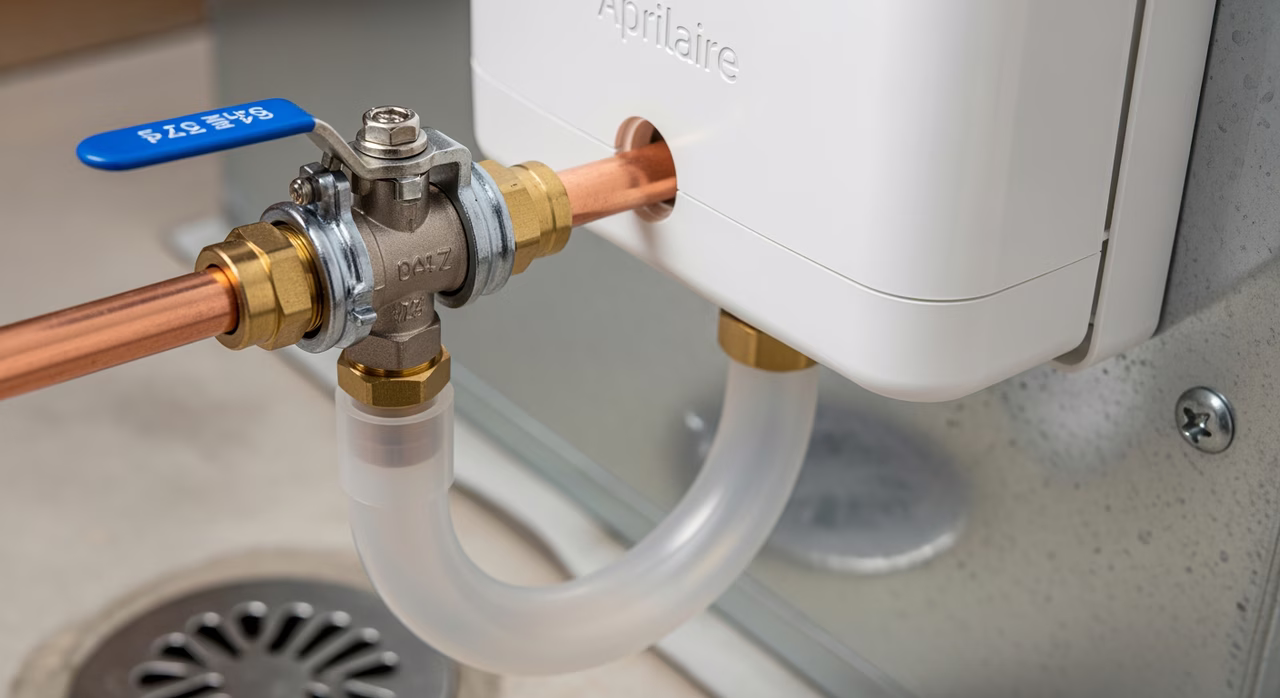 Close-up of installed Aprilaire 600 humidifier showing water tie-in saddle valve and drain line