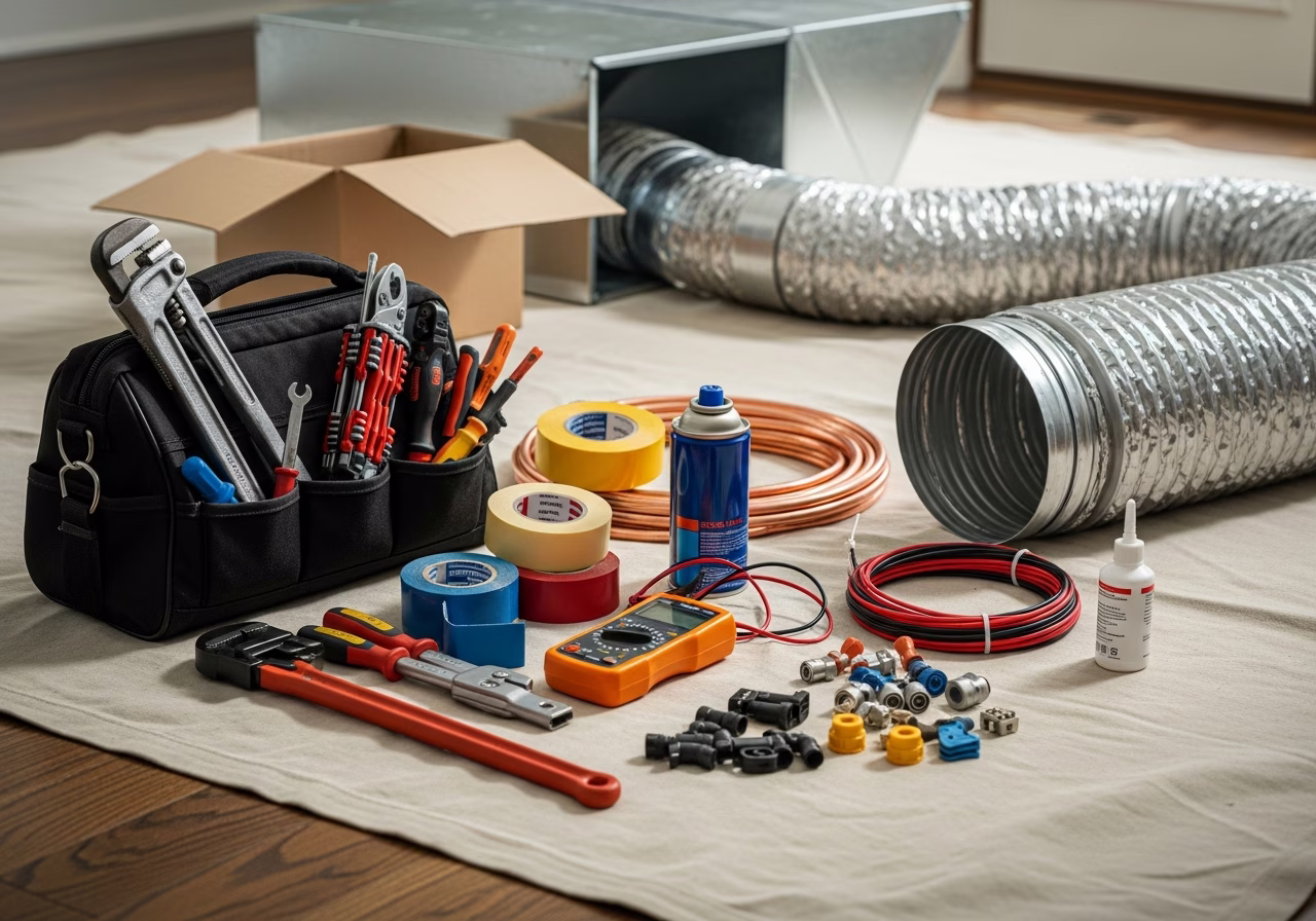 Tools and materials staged for HVAC service in Mississauga