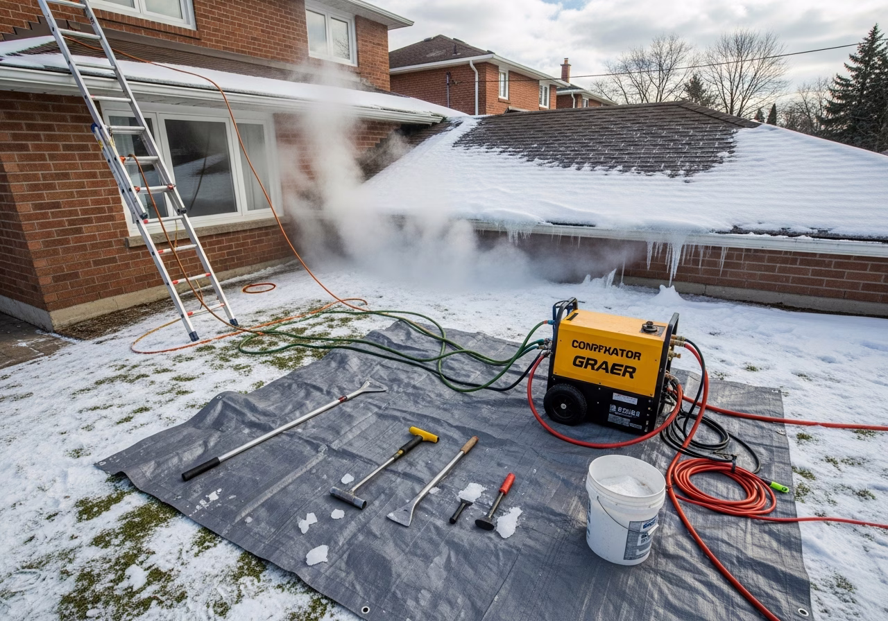 Ice Dam Removal in progress: tools, materials, and protective floor covering staged for a Toronto exterior work