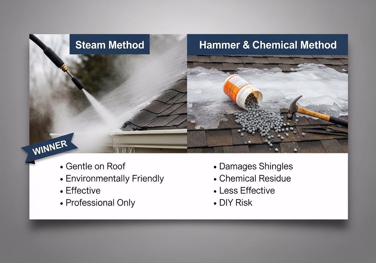 Side-by-side product and material comparison for ice dam removal — typical brands and finishes used in Toronto exterior works