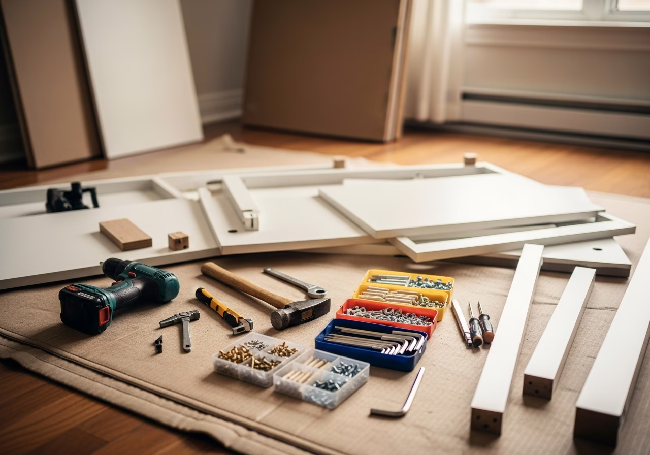 Furniture Assembly tools and materials staged in Toronto home