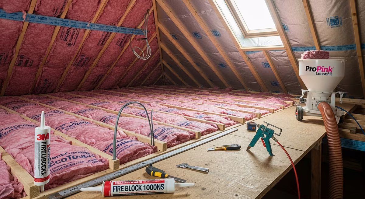Toronto residential attic insulation work showing Owens Corning EcoTouch R-22 pink fiberglass batt being installed between 2x6 wood rafters at 16-inch on-centre with ProPink Loosefill blown cellulose hopper visible, 3M Fire Block 1000NS sealant at top-plate penetrations and continuous 6-mil poly vapour barrier per OBC 9.25